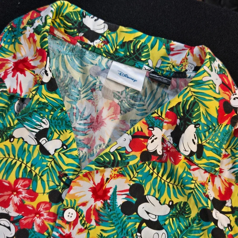 Disney Mickey Mouse Hawaiian Shirt Mens Sz L Tropical Floral Button Cotton Vacay